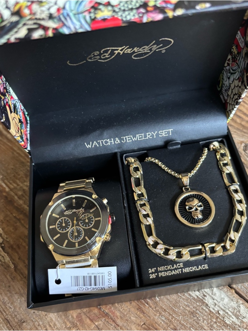 Ed Hardy Gold and Black Watch & Skull Pendant Necklace Set